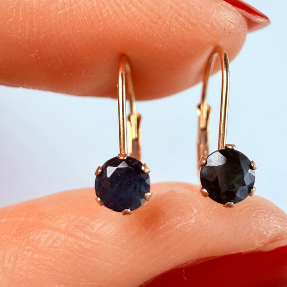 10K Solid Yellow Gold .40 TCW Sri Lankan Dark Blue Spinel Lever back Earrings